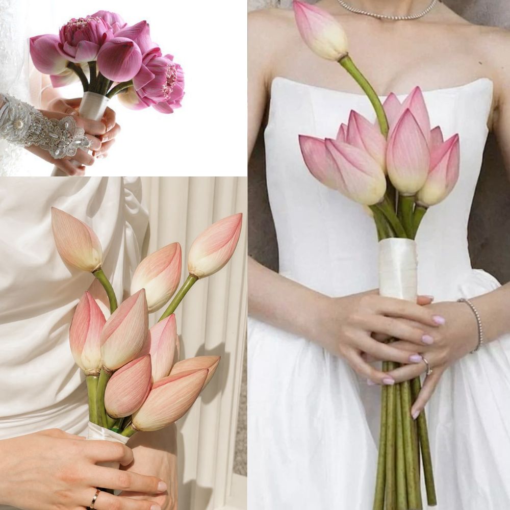 Bó hoa sen hồng cưới nhẹ nhàng