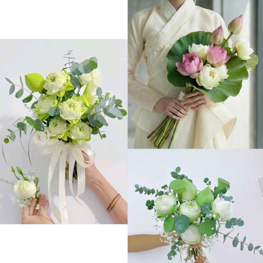 Bó hoa sen cưới kết hợp lá xanh